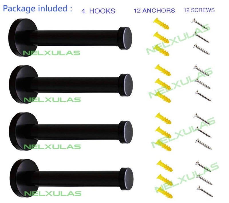 NELXULAS Classic Black Stainless Steel Heavy Duty Wall Mount Hooks, Bath Towel Hooks, Coat Hanger, Handbag Hooks, 4 in Pack (6") - Image 2
